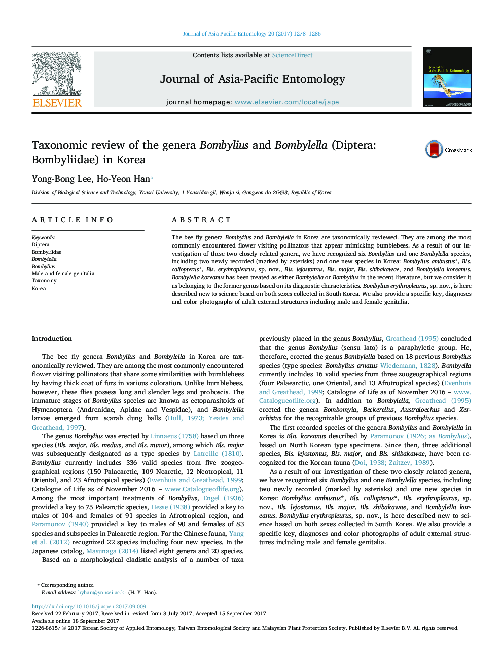 Taxonomic review of the genera Bombylius and Bombylella (Diptera: Bombyliidae) in Korea