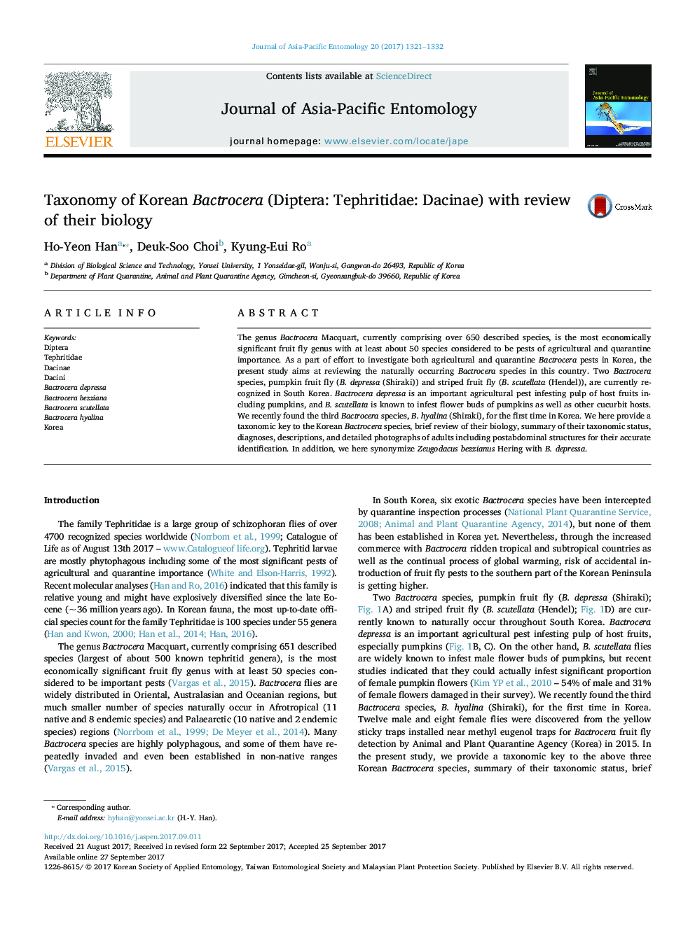 Taxonomy of Korean Bactrocera (Diptera: Tephritidae: Dacinae) with review of their biology