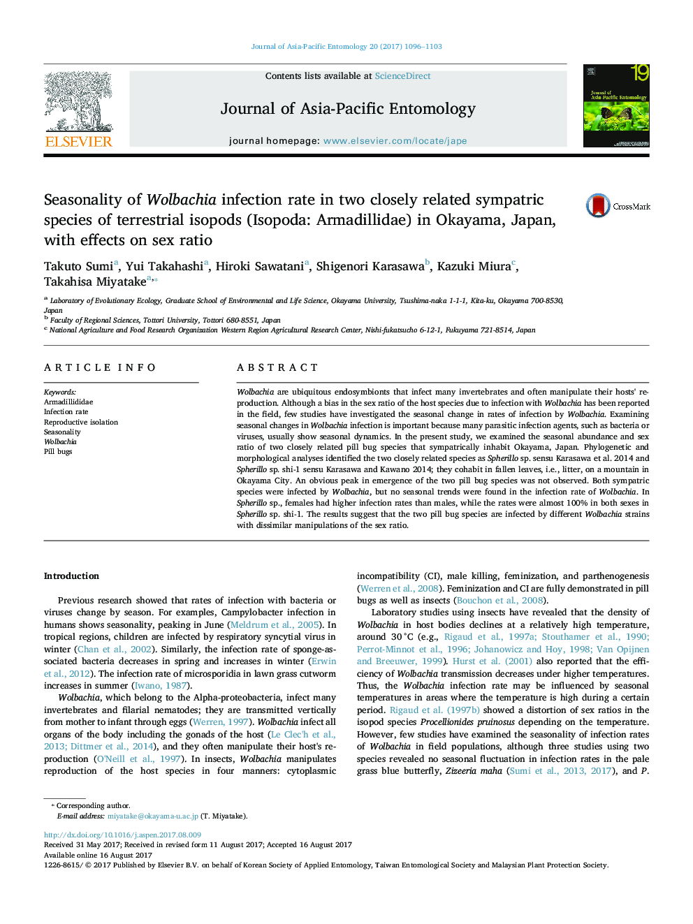 Seasonality of Wolbachia infection rate in two closely related sympatric species of terrestrial isopods (Isopoda: Armadillidae) in Okayama, Japan, with effects on sex ratio