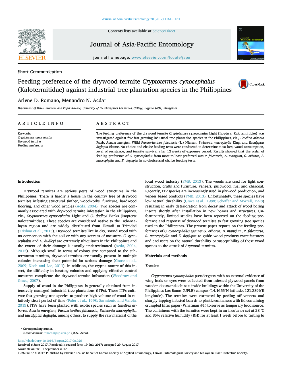 Feeding preference of the drywood termite Cryptotermes cynocephalus (Kalotermitidae) against industrial tree plantation species in the Philippines