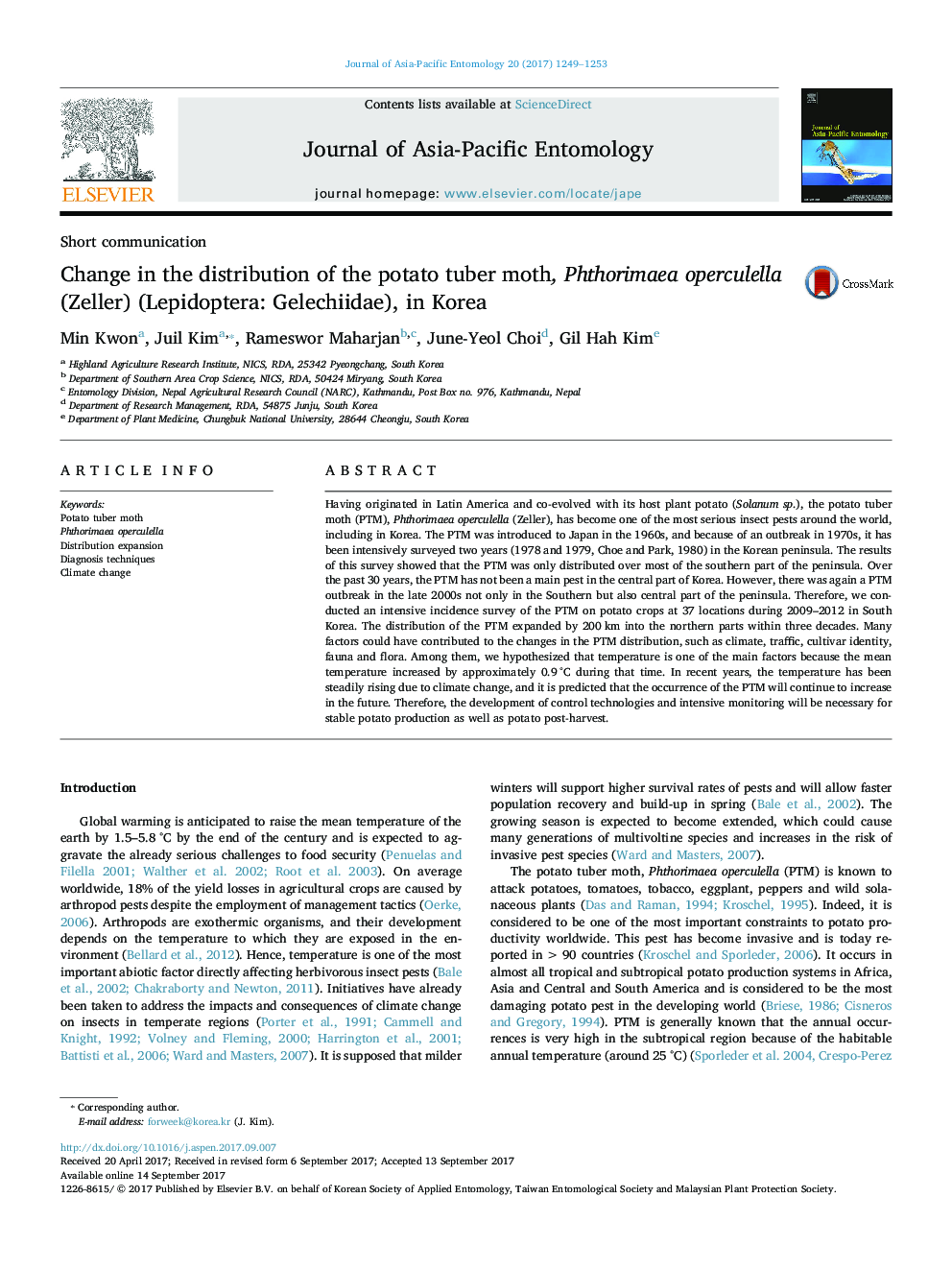 Change in the distribution of the potato tuber moth, Phthorimaea operculella (Zeller) (Lepidoptera: Gelechiidae), in Korea