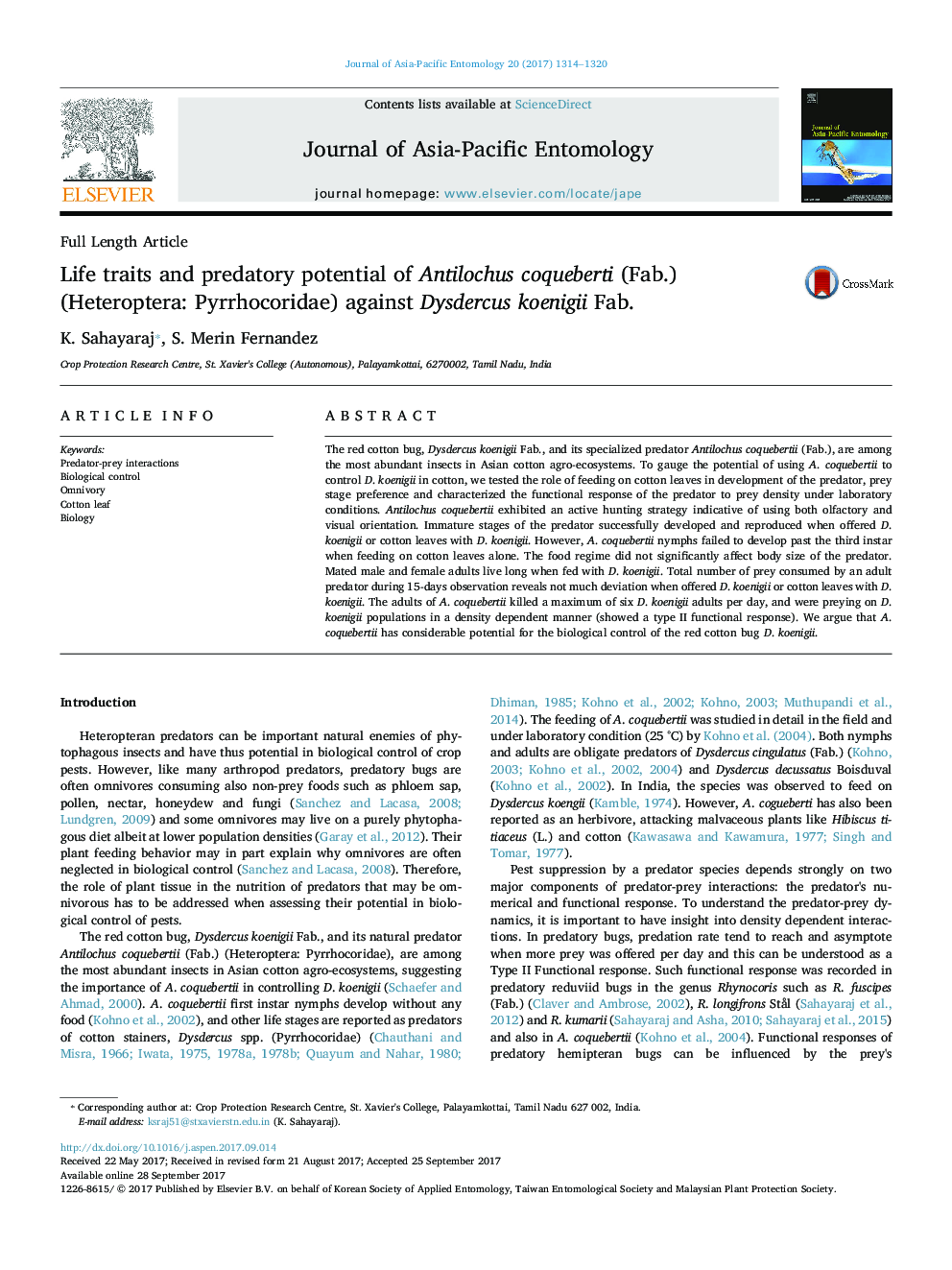 Life traits and predatory potential of Antilochus coqueberti (Fab.) (Heteroptera: Pyrrhocoridae) against Dysdercus koenigii Fab.