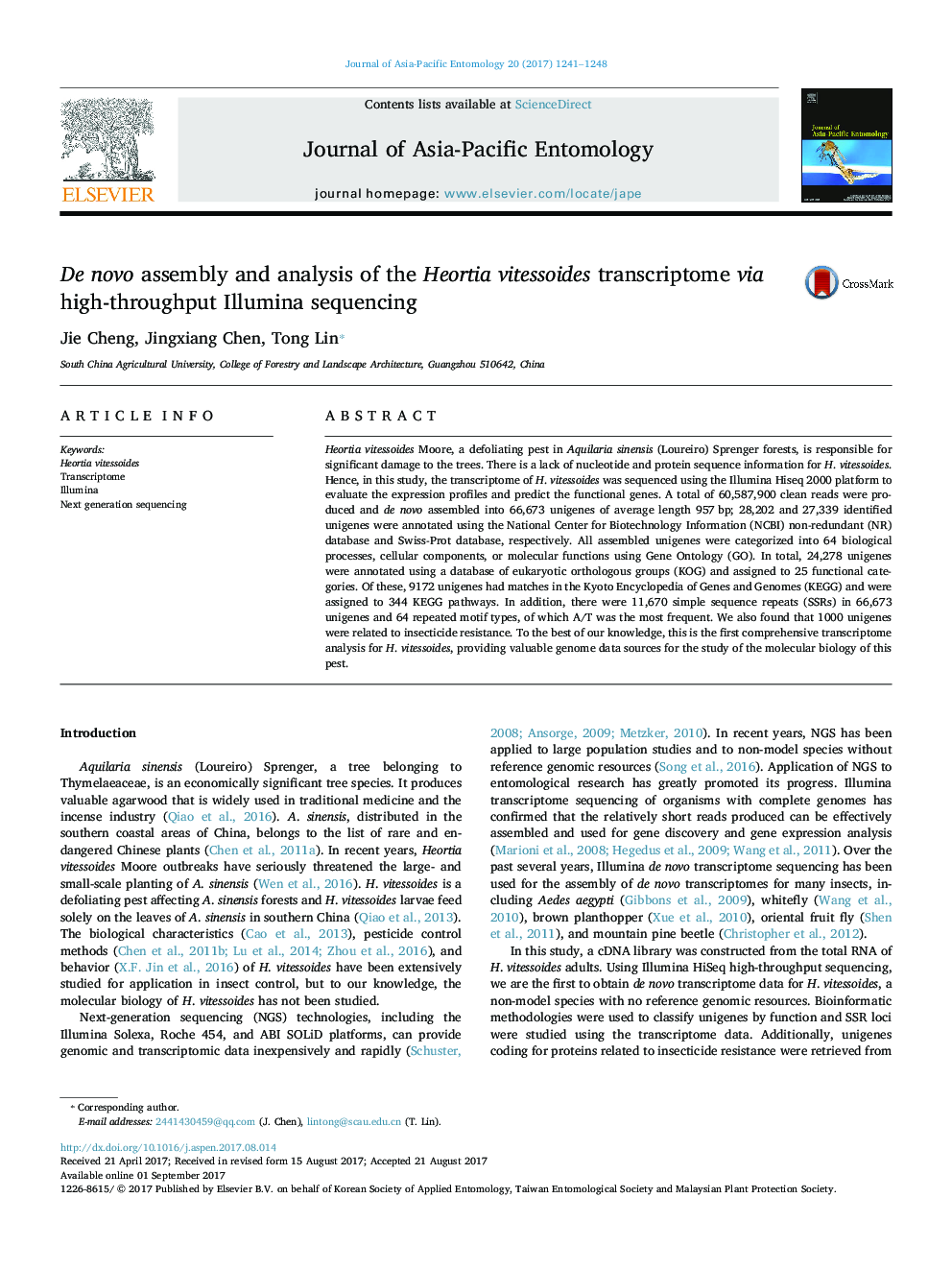 De novo assembly and analysis of the Heortia vitessoides transcriptome via high-throughput Illumina sequencing