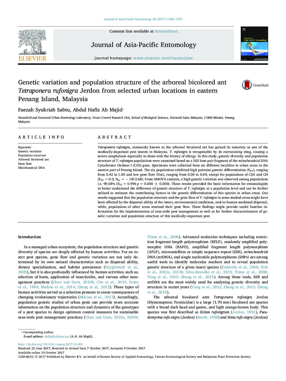 Genetic variation and population structure of the arboreal bicolored ant Tetraponera rufonigra Jerdon from selected urban locations in eastern Penang Island, Malaysia