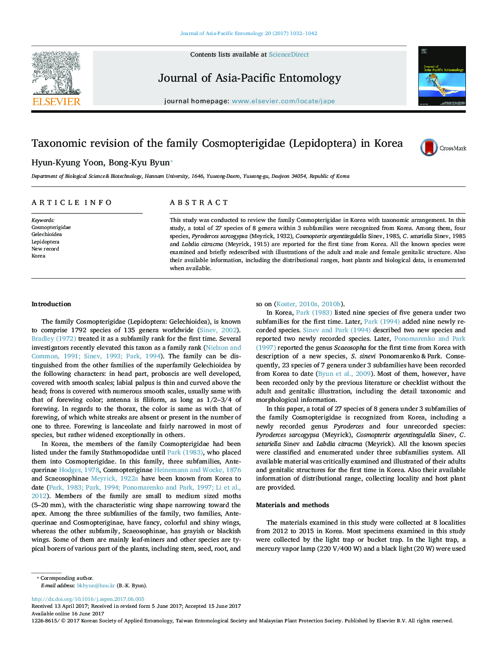 Taxonomic revision of the family Cosmopterigidae (Lepidoptera) in Korea