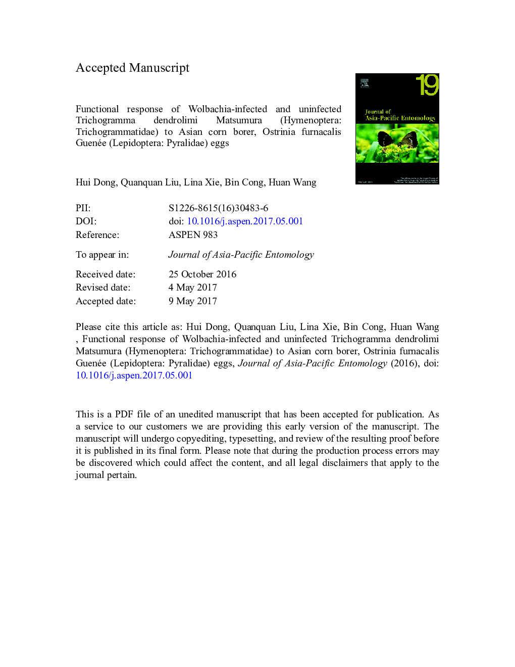 Functional response of Wolbachia-infected and uninfected Trichogramma dendrolimi Matsumura (Hymenoptera: Trichogrammatidae) to Asian corn borer, Ostrinia furnacalis Guenée (Lepidoptera: Pyralidae) eggs