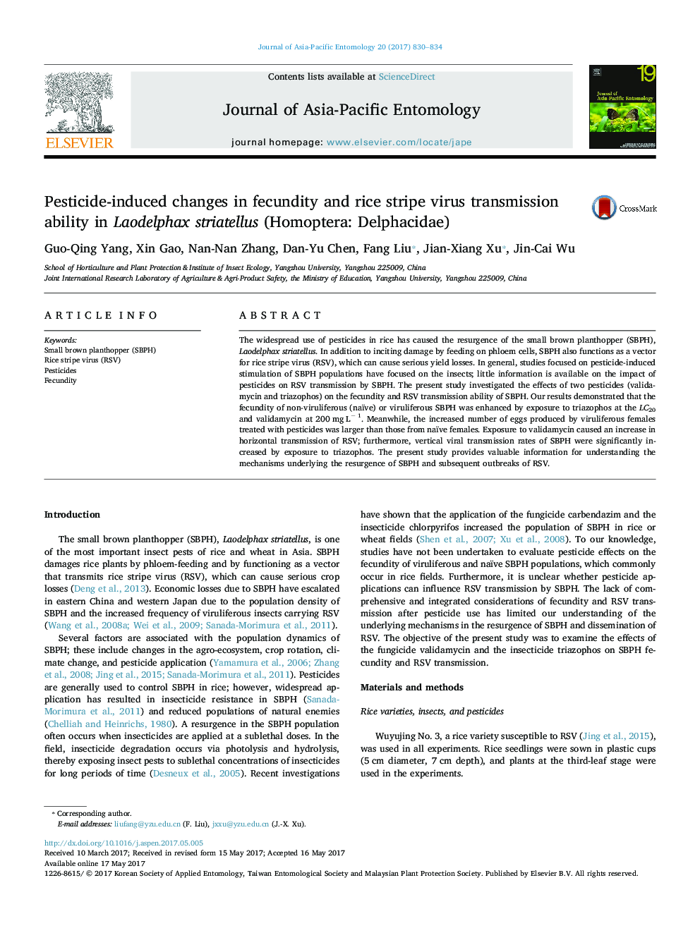 Pesticide-induced changes in fecundity and rice stripe virus transmission ability in Laodelphax striatellus (Homoptera: Delphacidae)