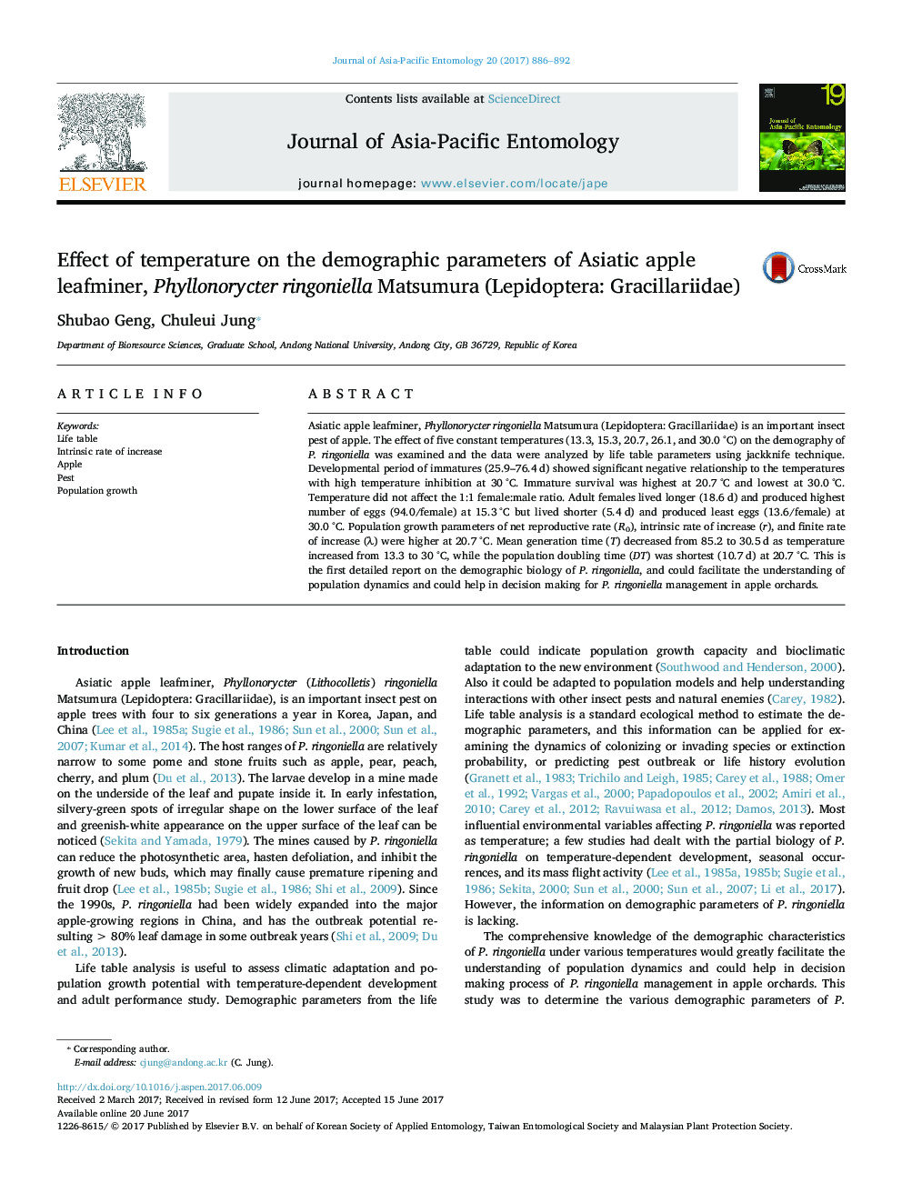 Effect of temperature on the demographic parameters of Asiatic apple leafminer, Phyllonorycter ringoniella Matsumura (Lepidoptera: Gracillariidae)