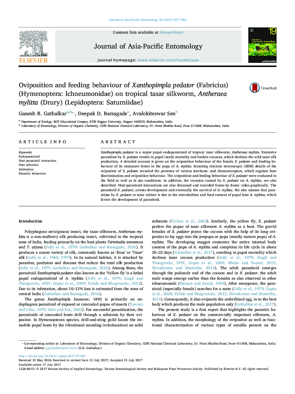 Oviposition and feeding behaviour of Xanthopimpla pedator (Fabricius) (Hymenoptera: Ichneumonidae) on tropical tasar silkworm, Antheraea mylitta (Drury) (Lepidoptera: Saturniidae)