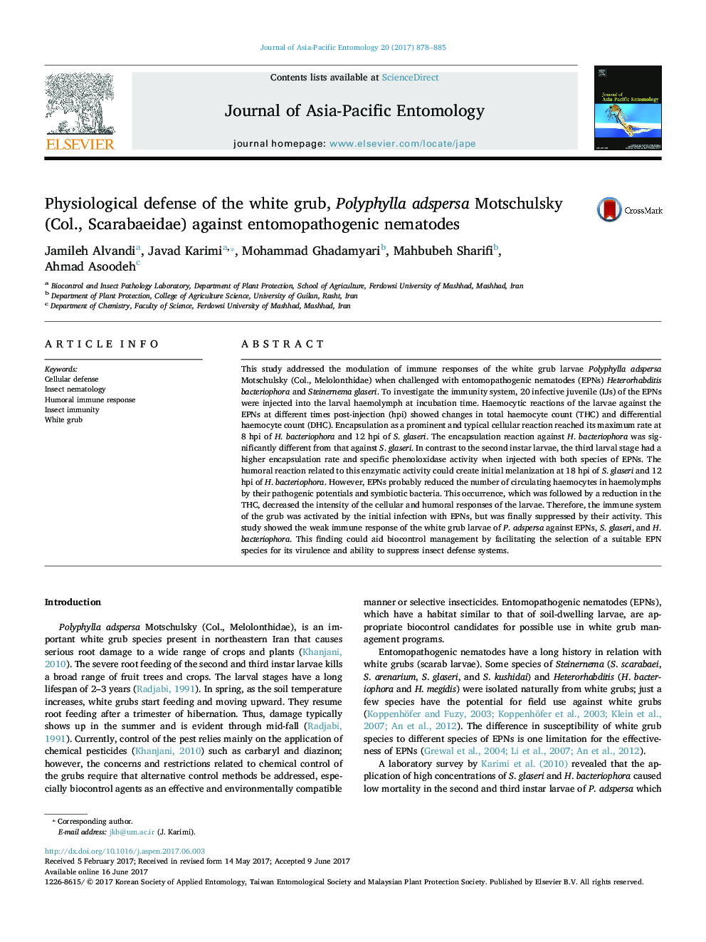 Physiological defense of the white grub, Polyphylla adspersa Motschulsky (Col., Scarabaeidae) against entomopathogenic nematodes