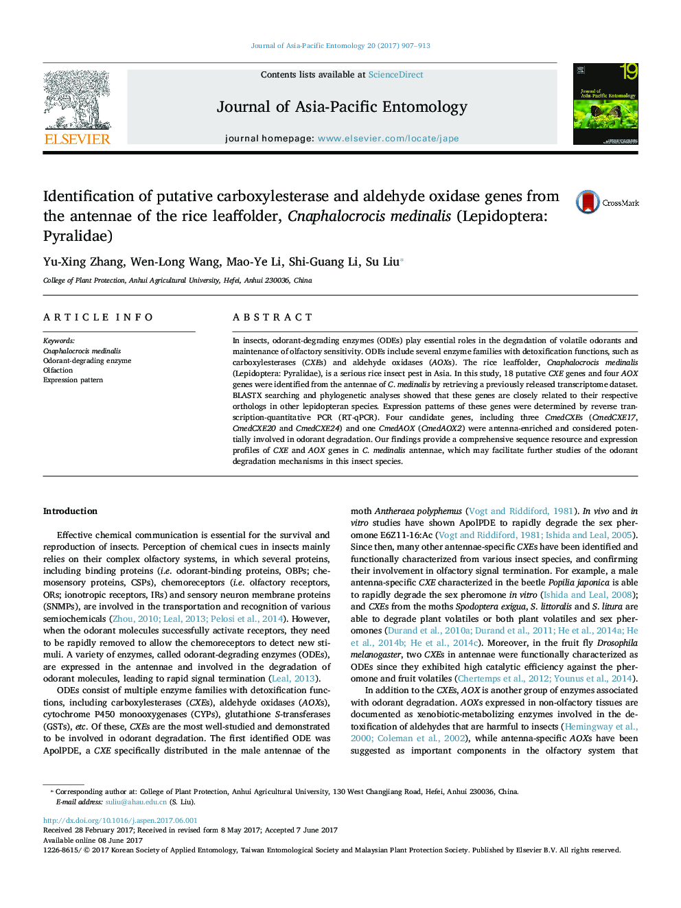 Identification of putative carboxylesterase and aldehyde oxidase genes from the antennae of the rice leaffolder, Cnaphalocrocis medinalis (Lepidoptera: Pyralidae)