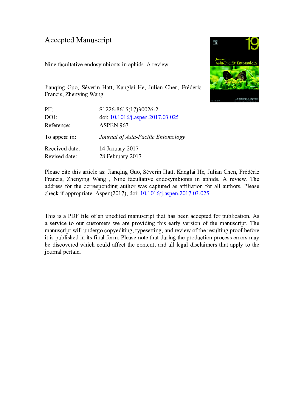 Nine facultative endosymbionts in aphids. A review