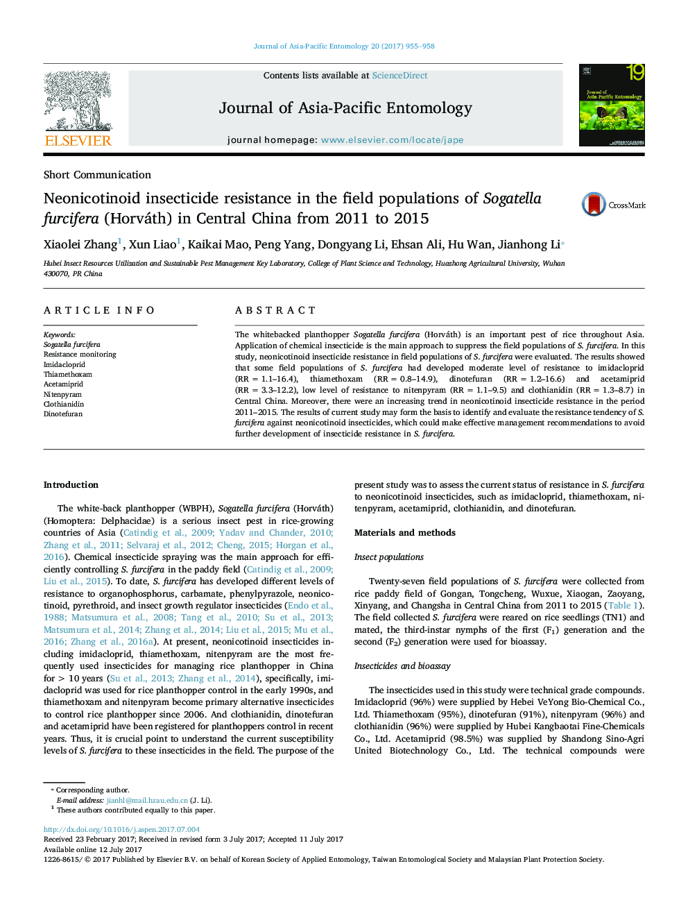 Neonicotinoid insecticide resistance in the field populations of Sogatella furcifera (Horváth) in Central China from 2011 to 2015