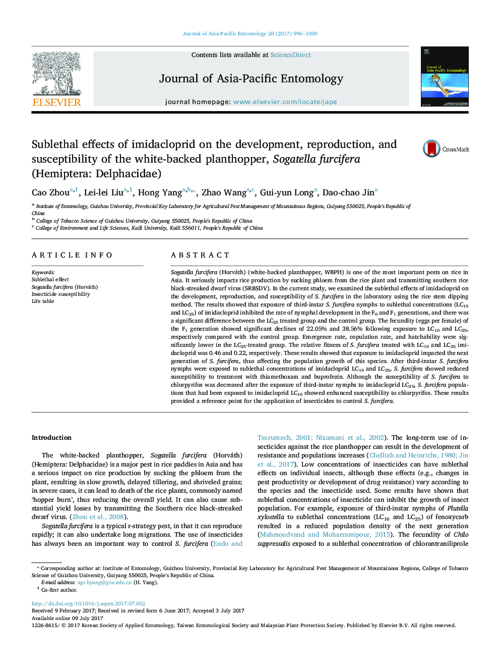 Sublethal effects of imidacloprid on the development, reproduction, and susceptibility of the white-backed planthopper, Sogatella furcifera (Hemiptera: Delphacidae)