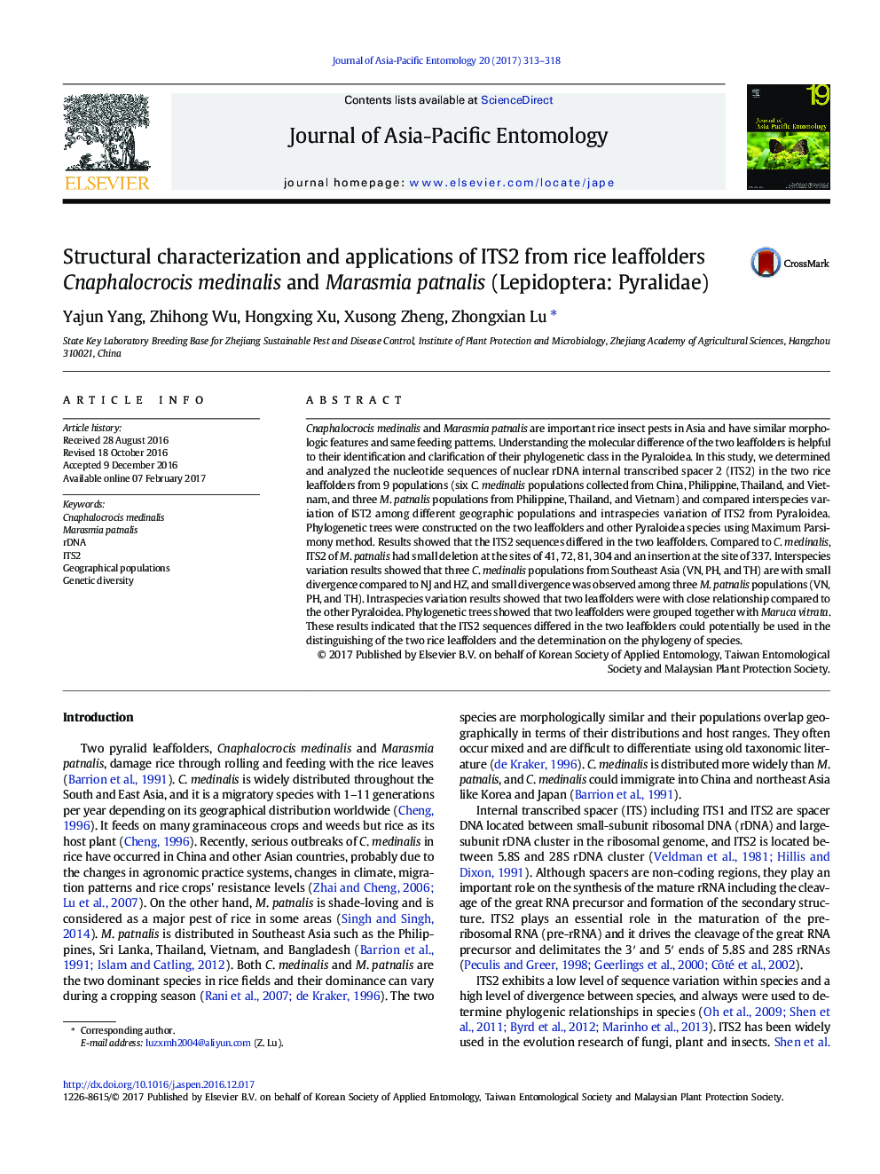 Structural characterization and applications of ITS2 from rice leaffolders Cnaphalocrocis medinalis and Marasmia patnalis (Lepidoptera: Pyralidae)