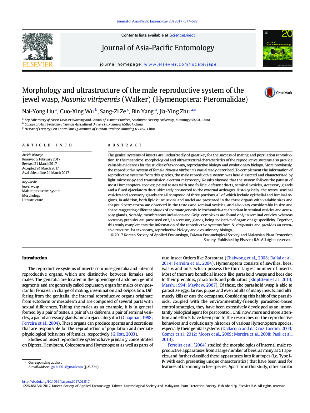 Morphology and ultrastructure of the male reproductive system of the jewel wasp, Nasonia vitripennis (Walker) (Hymenoptera: Pteromalidae)