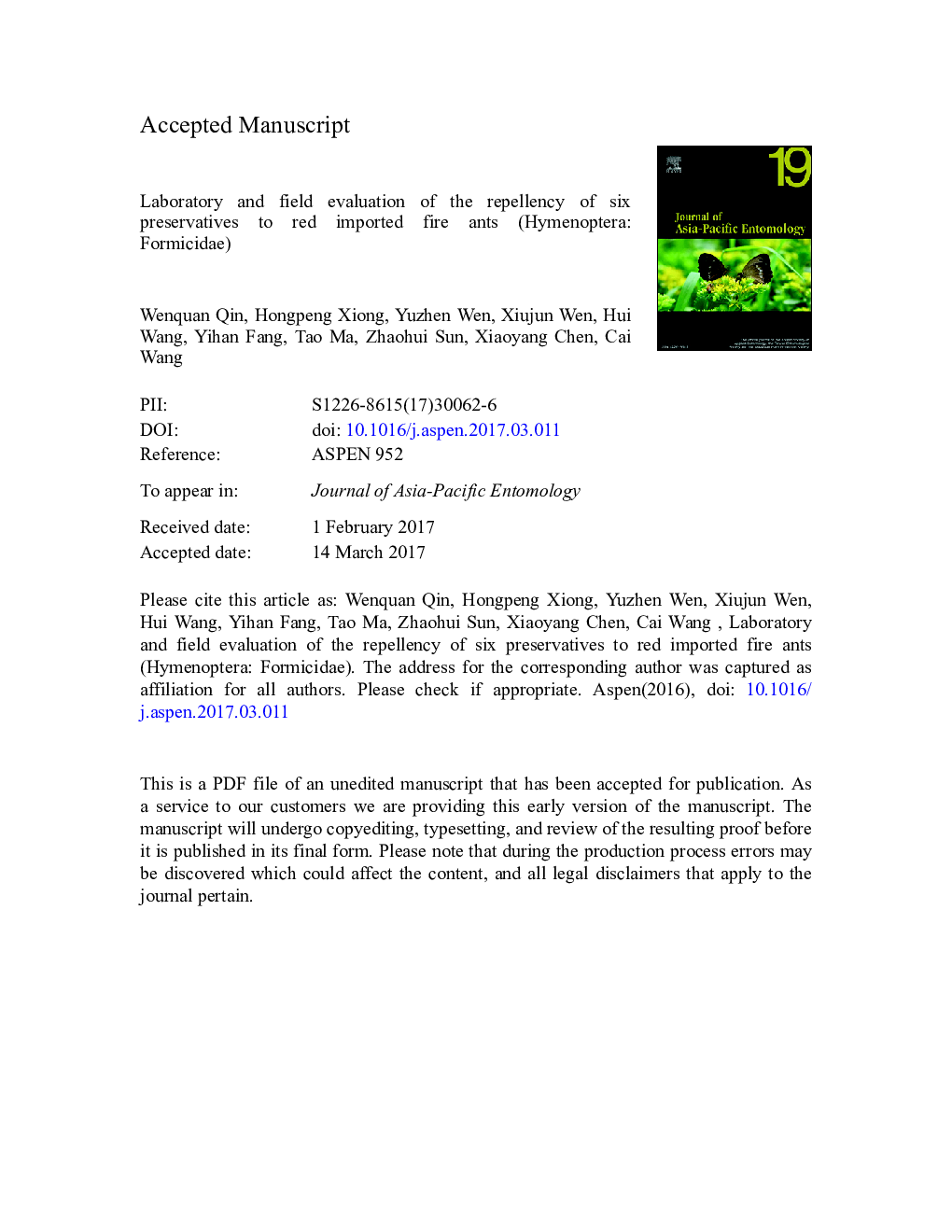 Laboratory and field evaluation of the repellency of six preservatives to red imported fire ants (Hymenoptera: Formicidae)