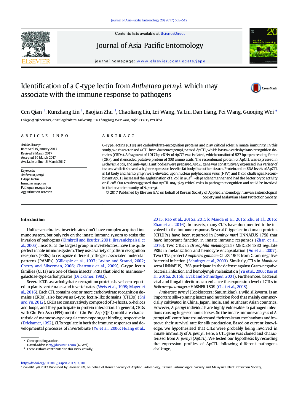 Identification of a C-type lectin from Antheraea pernyi, which may associate with the immune response to pathogens