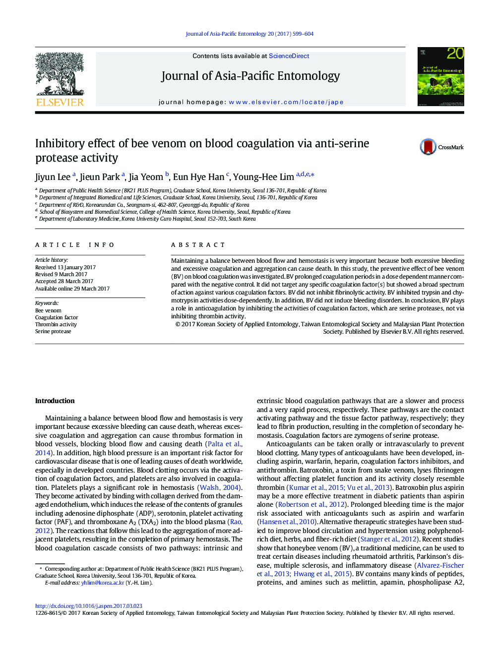 Inhibitory effect of bee venom on blood coagulation via anti-serine protease activity