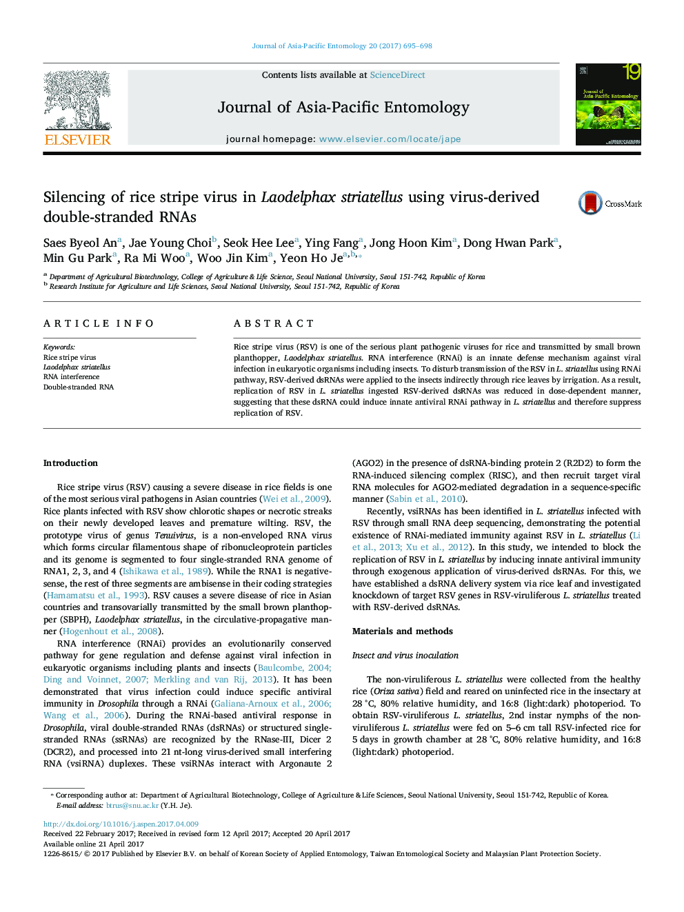 Silencing of rice stripe virus in Laodelphax striatellus using virus-derived double-stranded RNAs