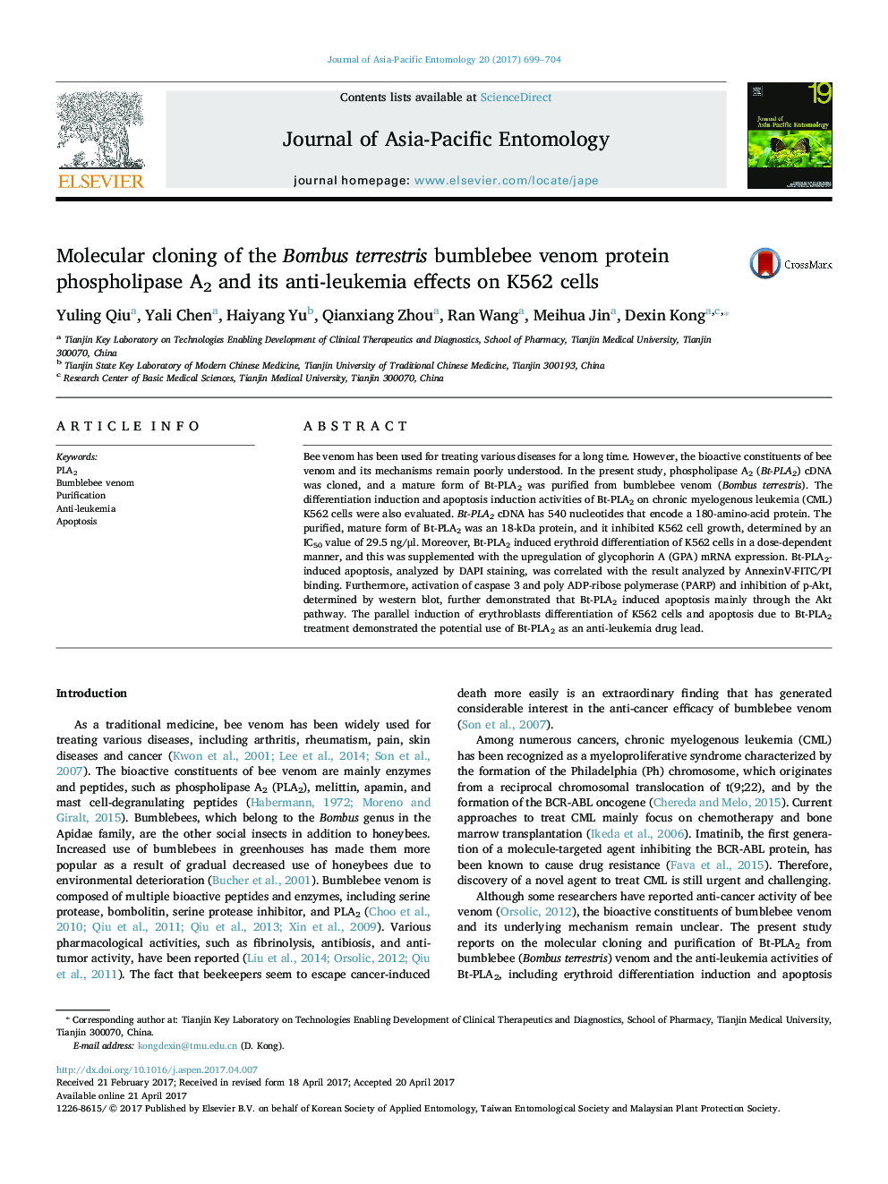 Molecular cloning of the Bombus terrestris bumblebee venom protein phospholipase A2 and its anti-leukemia effects on K562 cells