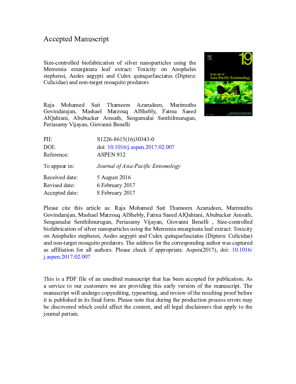 Size-controlled biofabrication of silver nanoparticles using the Merremia emarginata leaf extract: Toxicity on Anopheles stephensi, Aedes aegypti and Culex quinquefasciatus (Diptera: Culicidae) and non-target mosquito predators