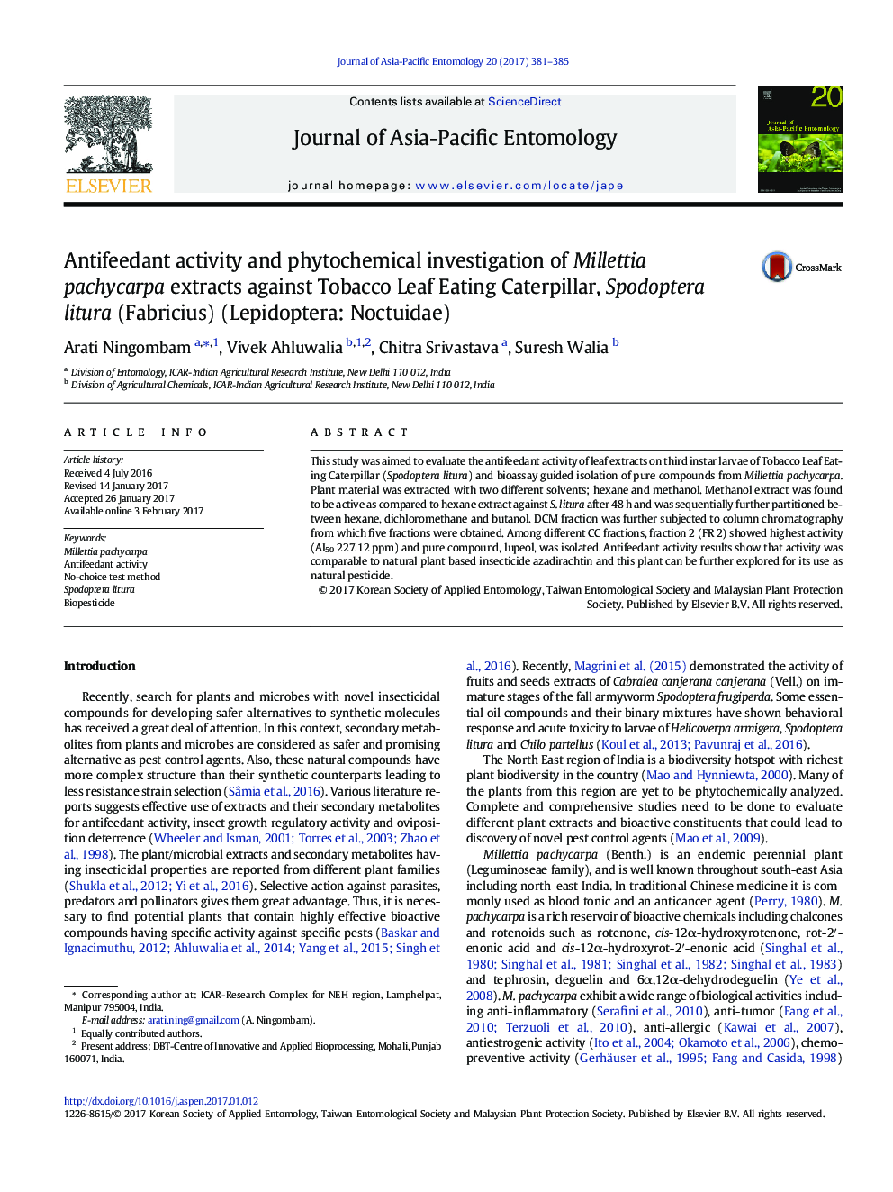 Antifeedant activity and phytochemical investigation of Millettia pachycarpa extracts against Tobacco Leaf Eating Caterpillar, Spodoptera litura (Fabricius) (Lepidoptera: Noctuidae)