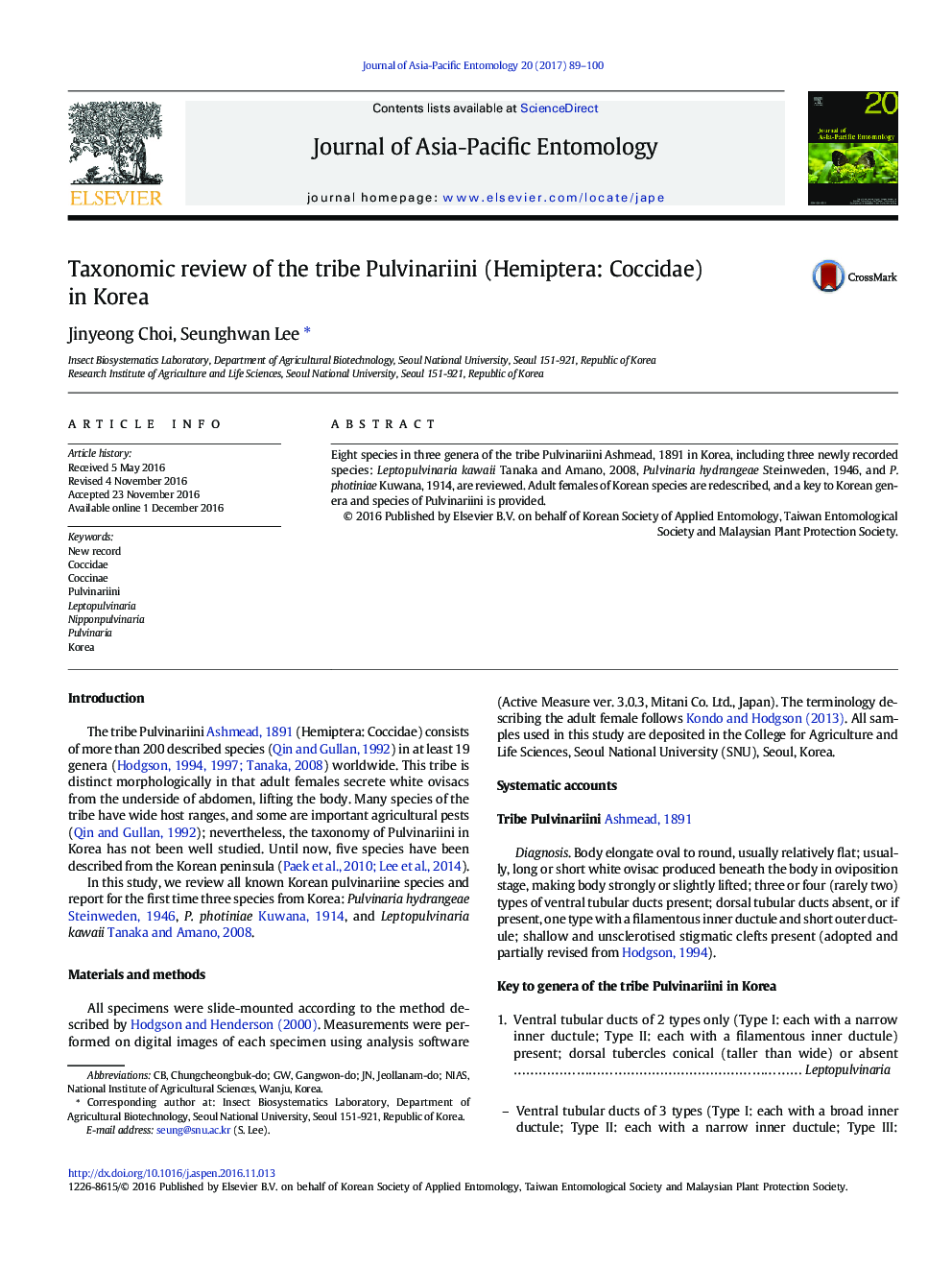 Taxonomic review of the tribe Pulvinariini (Hemiptera: Coccidae) in Korea