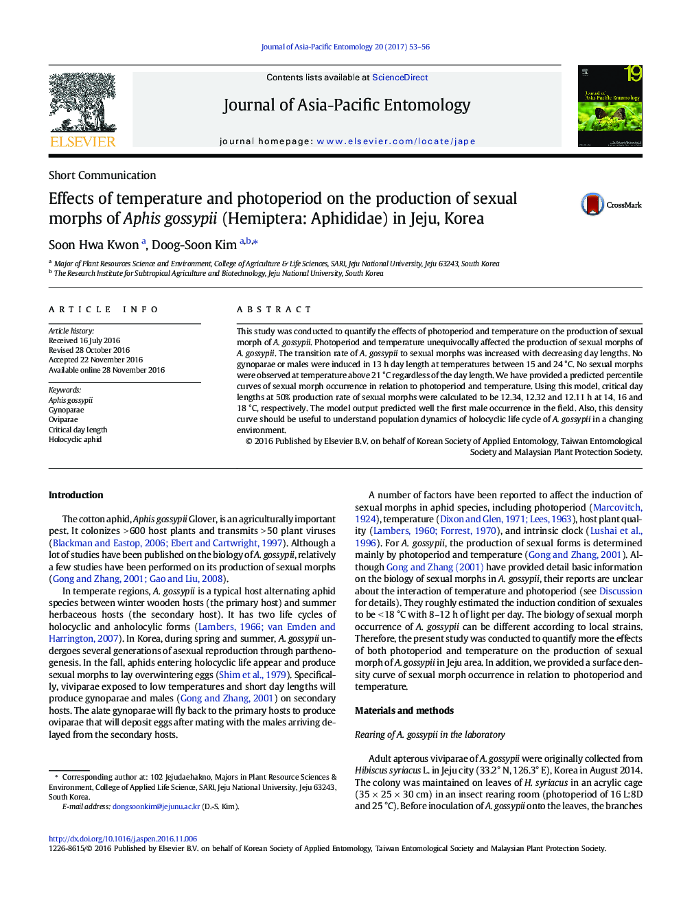 Effects of temperature and photoperiod on the production of sexual morphs of Aphis gossypii (Hemiptera: Aphididae) in Jeju, Korea