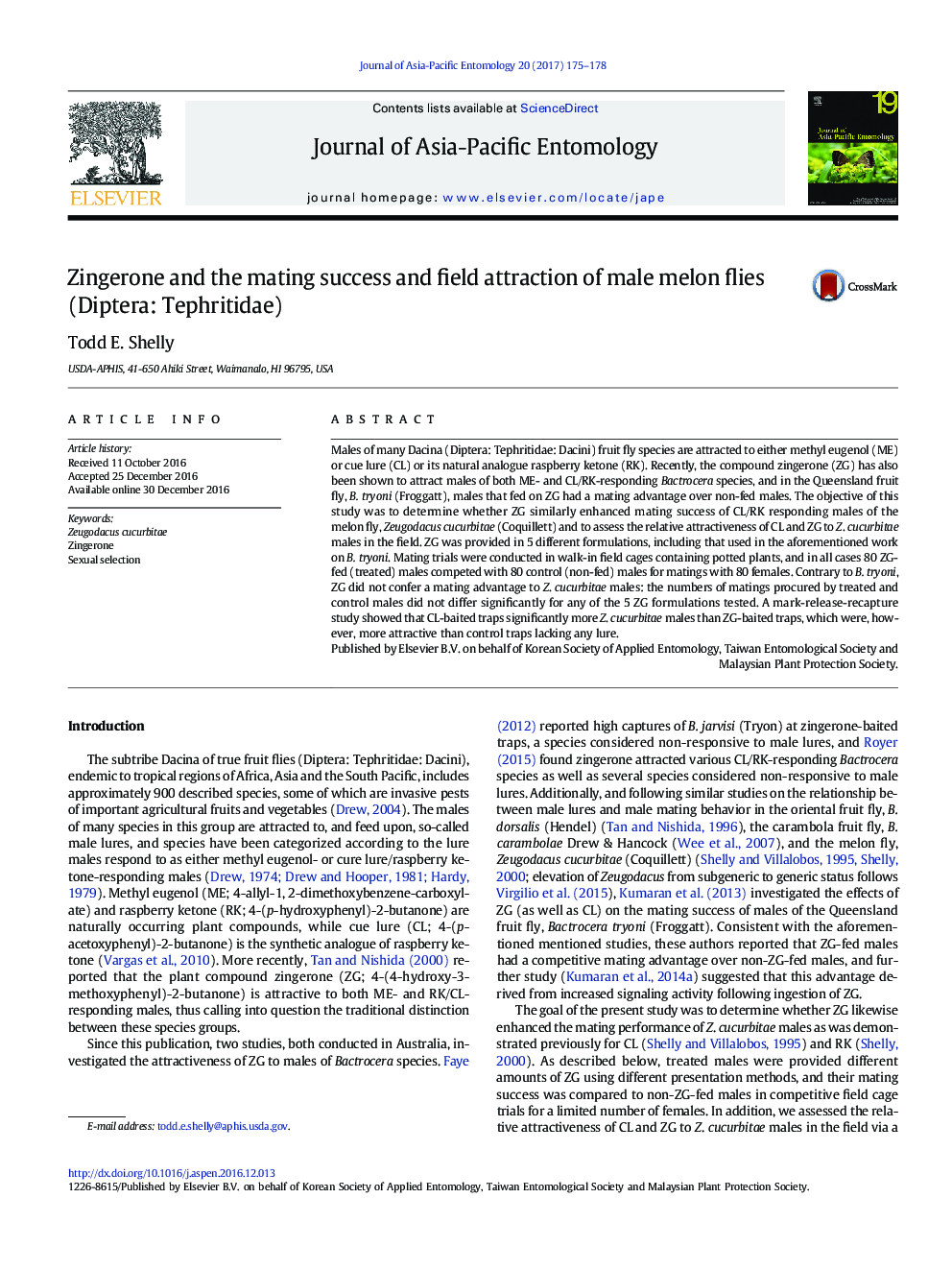 Zingerone and the mating success and field attraction of male melon flies (Diptera: Tephritidae)