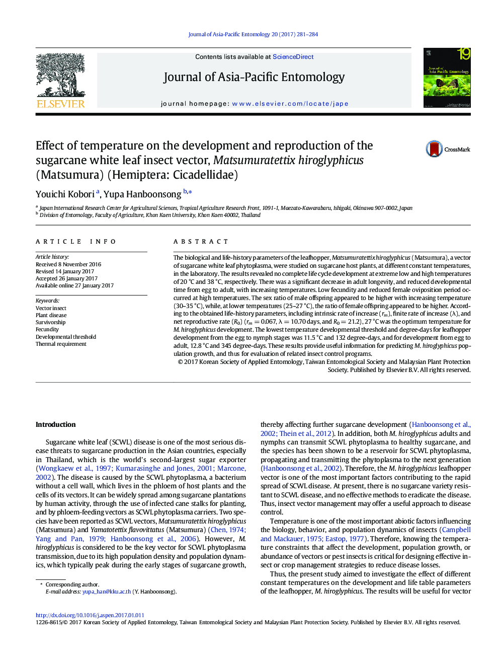 Effect of temperature on the development and reproduction of the sugarcane white leaf insect vector, Matsumuratettix hiroglyphicus (Matsumura) (Hemiptera: Cicadellidae)