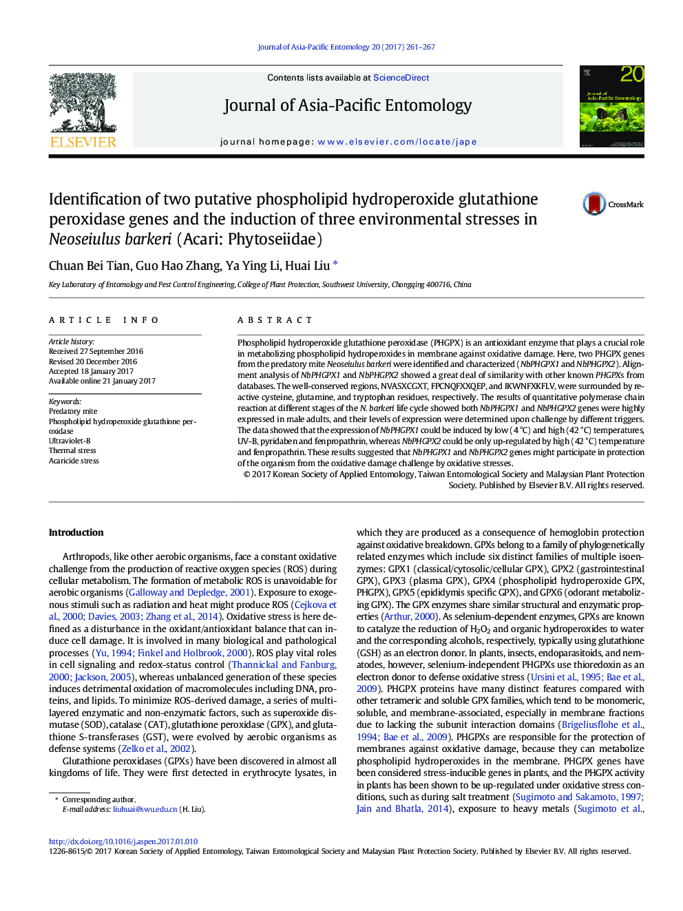 Identification of two putative phospholipid hydroperoxide glutathione peroxidase genes and the induction of three environmental stresses in Neoseiulus barkeri (Acari: Phytoseiidae)