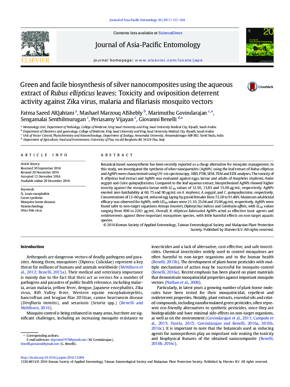 Green and facile biosynthesis of silver nanocomposites using the aqueous extract of Rubus ellipticus leaves: Toxicity and oviposition deterrent activity against Zika virus, malaria and filariasis mosquito vectors