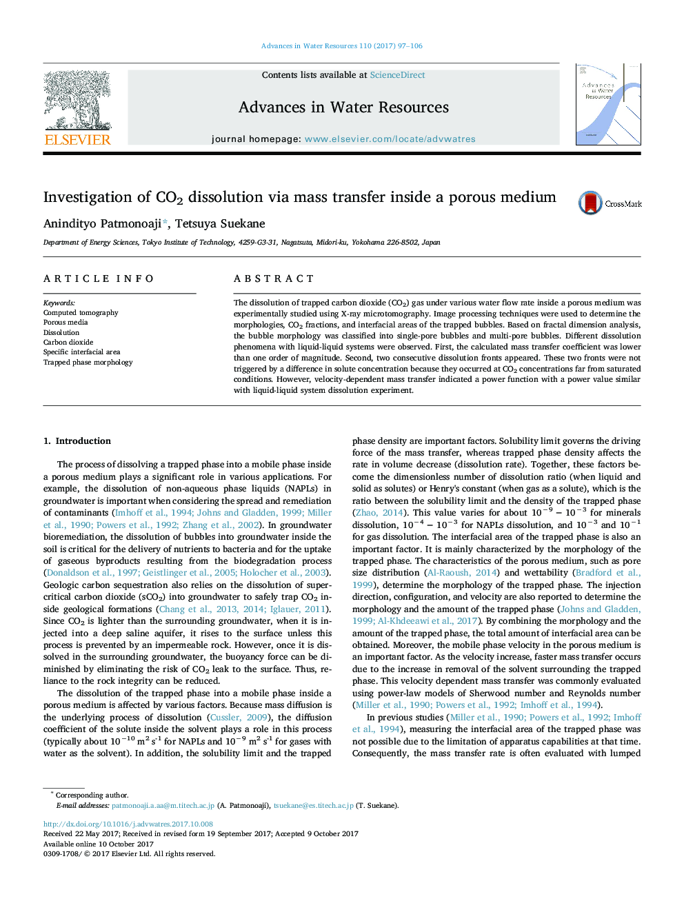 Investigation of CO2 dissolution via mass transfer inside a porous medium