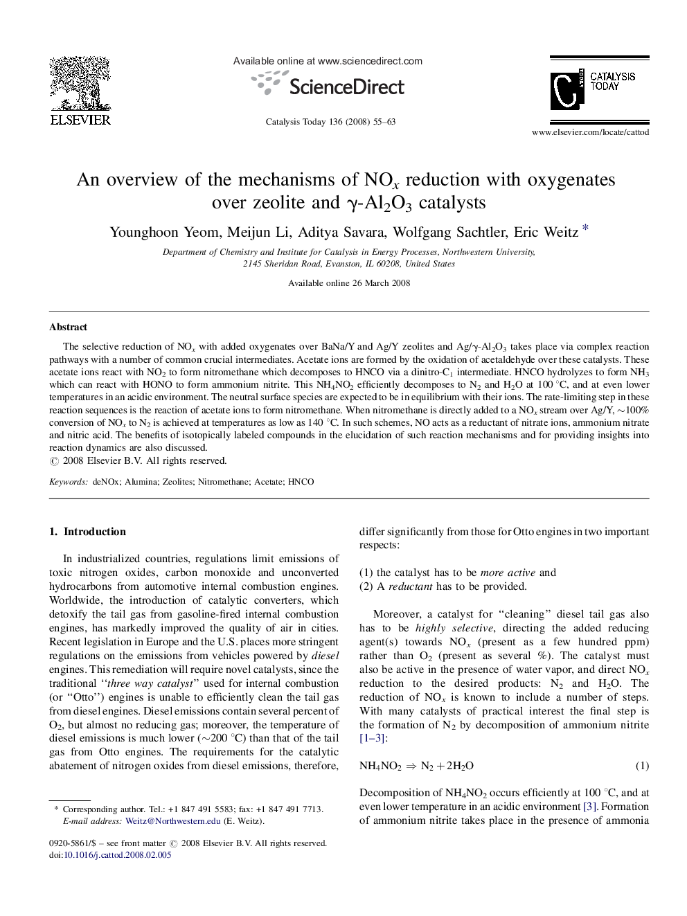 An overview of the mechanisms of NOx reduction with oxygenates over zeolite and γ-Al2O3 catalysts