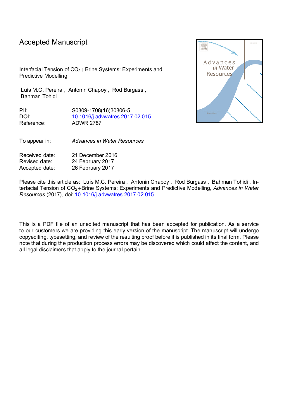 Interfacial tension of CO2Â +Â brine systems: Experiments and predictive modelling