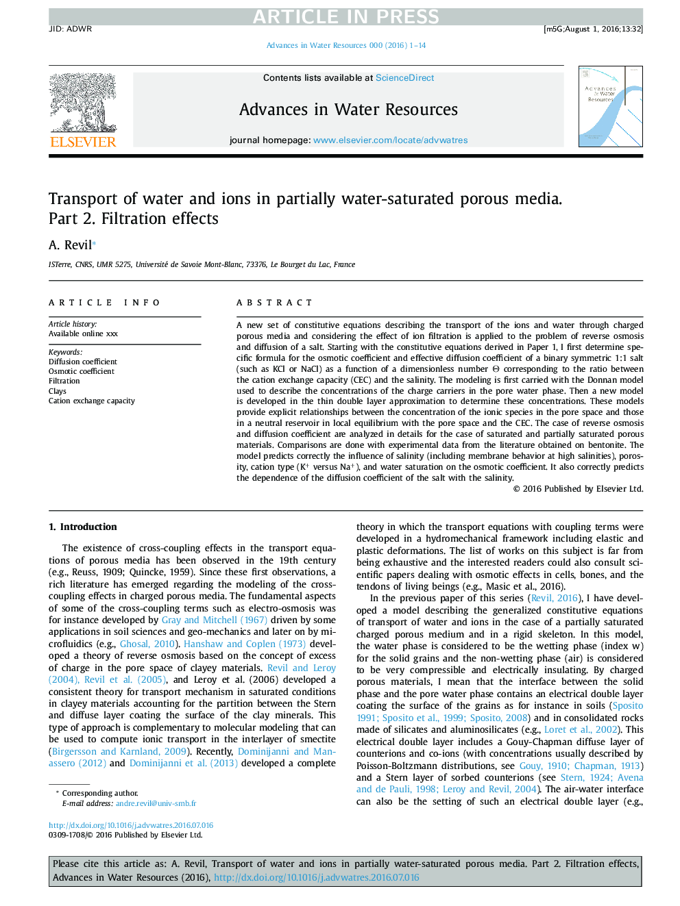 Transport of water and ions in partially water-saturated porous media. Part 2. Filtration effects