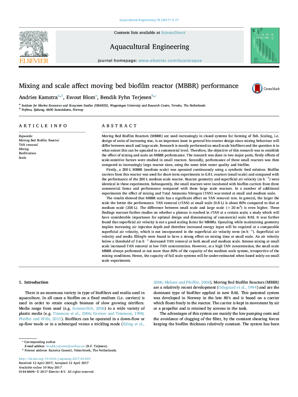 Mixing and scale affect moving bed biofilm reactor (MBBR) performance