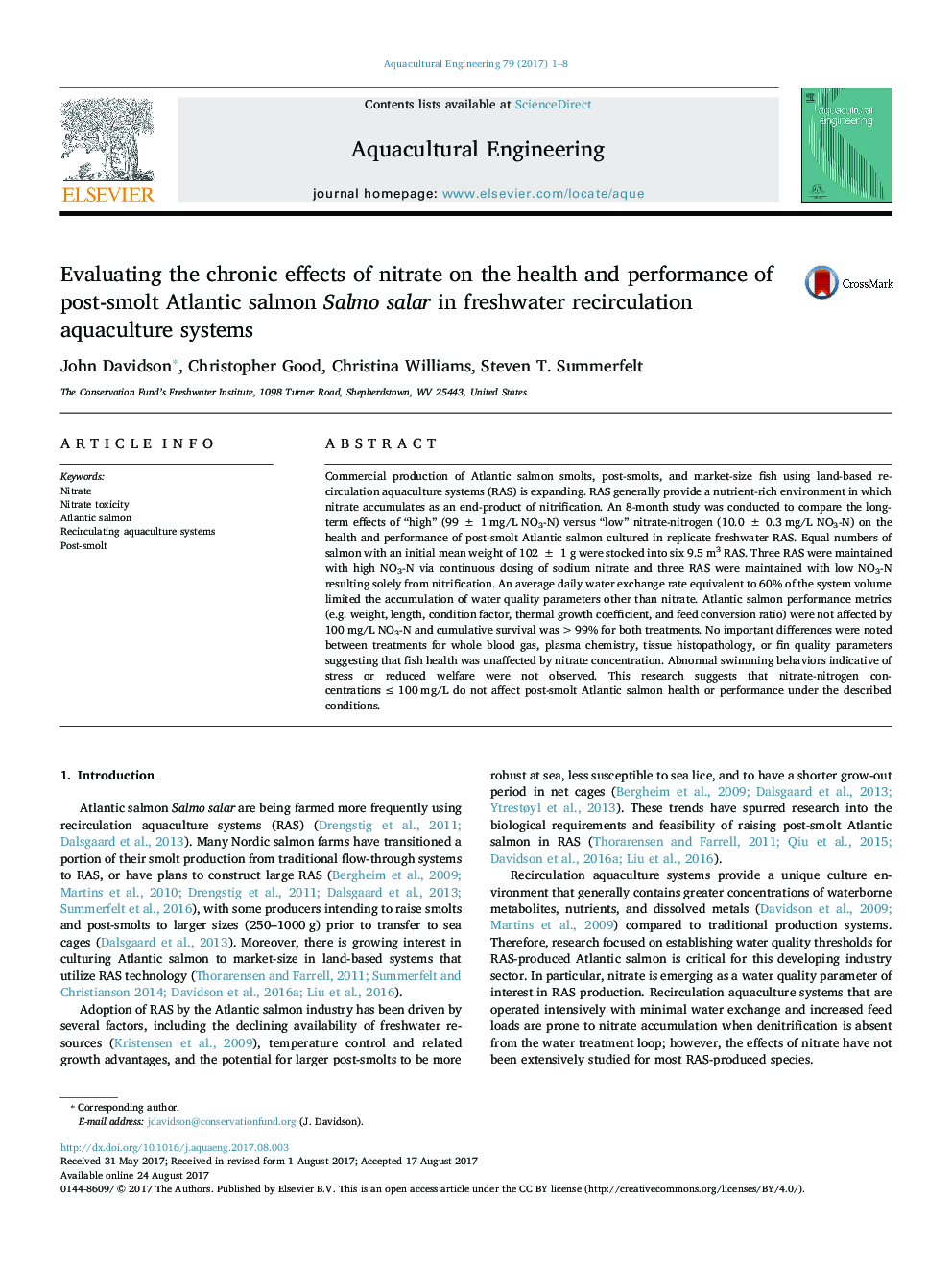 Evaluating the chronic effects of nitrate on the health and performance of post-smolt Atlantic salmon Salmo salar in freshwater recirculation aquaculture systems