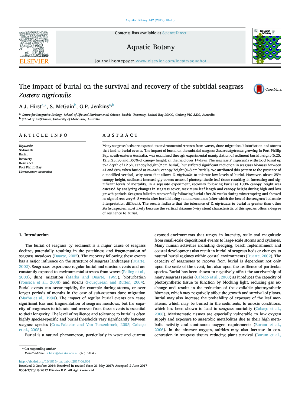The impact of burial on the survival and recovery of the subtidal seagrass Zostera nigricaulis