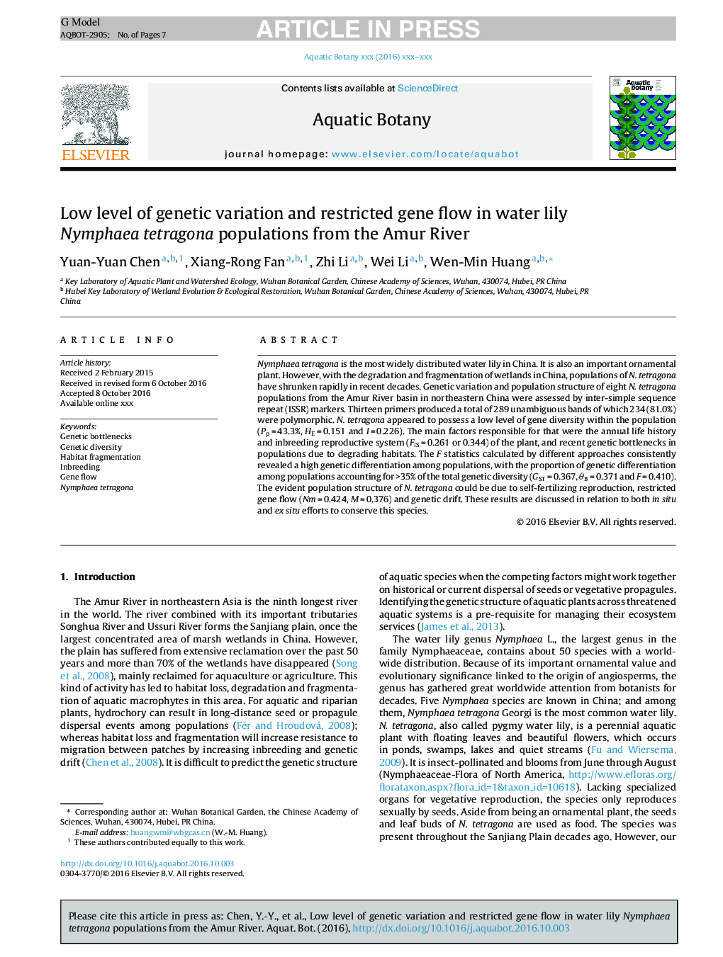 Low level of genetic variation and restricted gene flow in water lily Nymphaea tetragona populations from the Amur River