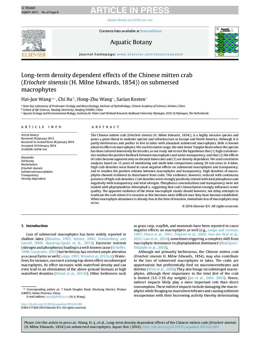 Long-term density dependent effects of the Chinese mitten crab (Eriocheir sinensis (H. Milne Edwards, 1854)) on submersed macrophytes