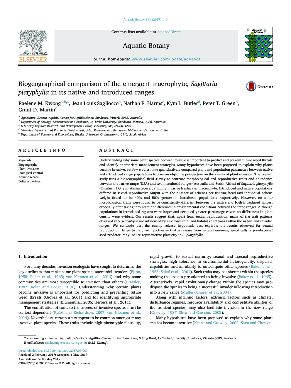 Biogeographical comparison of the emergent macrophyte, Sagittaria platyphylla in its native and introduced ranges