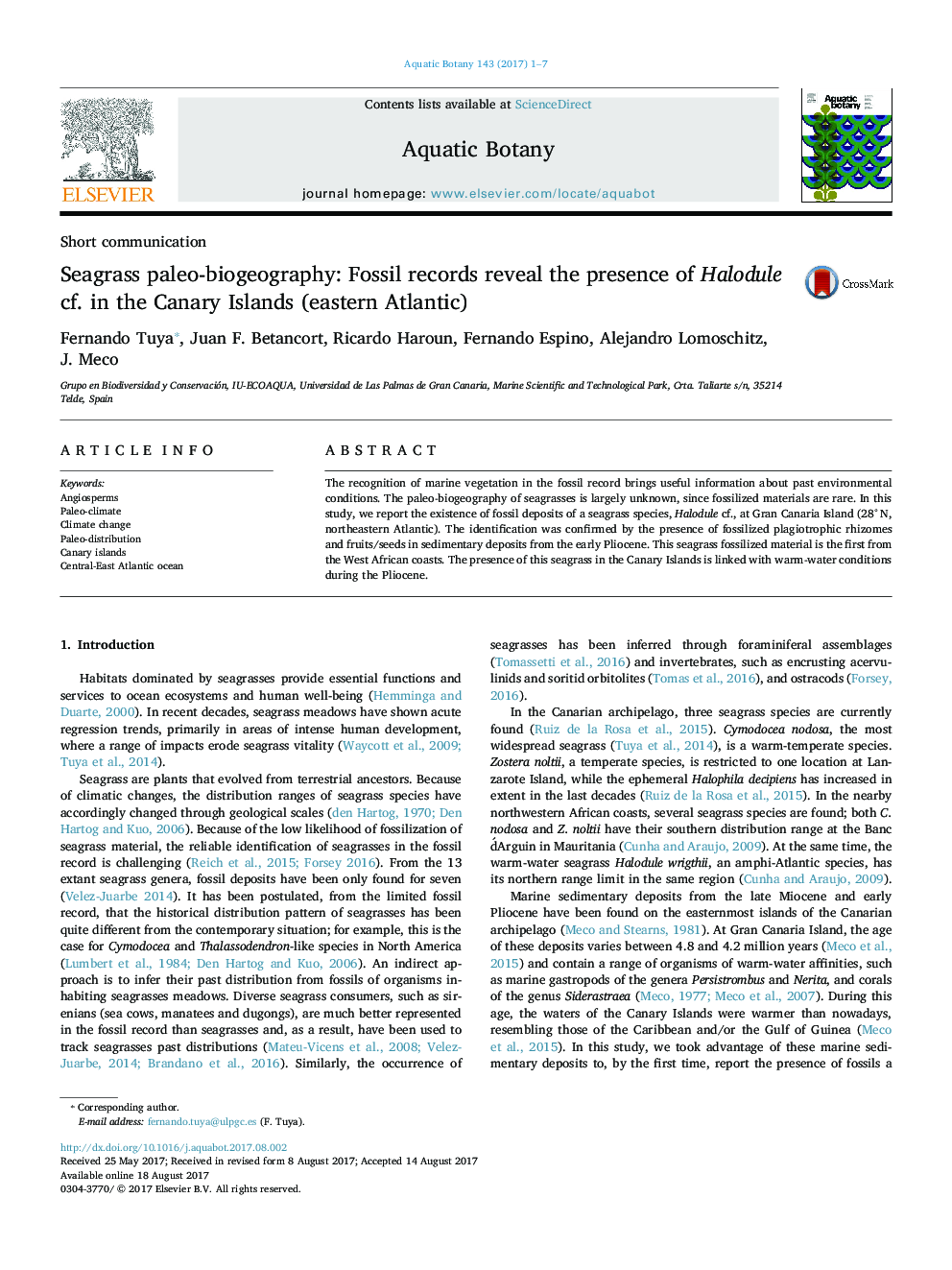 Seagrass paleo-biogeography: Fossil records reveal the presence of Halodule cf. in the Canary Islands (eastern Atlantic)