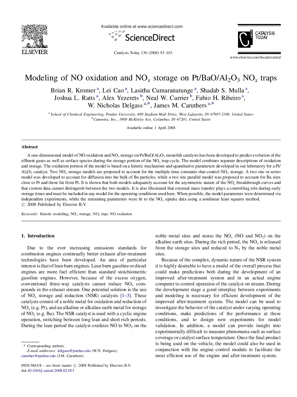 Modeling of NO oxidation and NOx storage on Pt/BaO/Al2O3 NOx traps