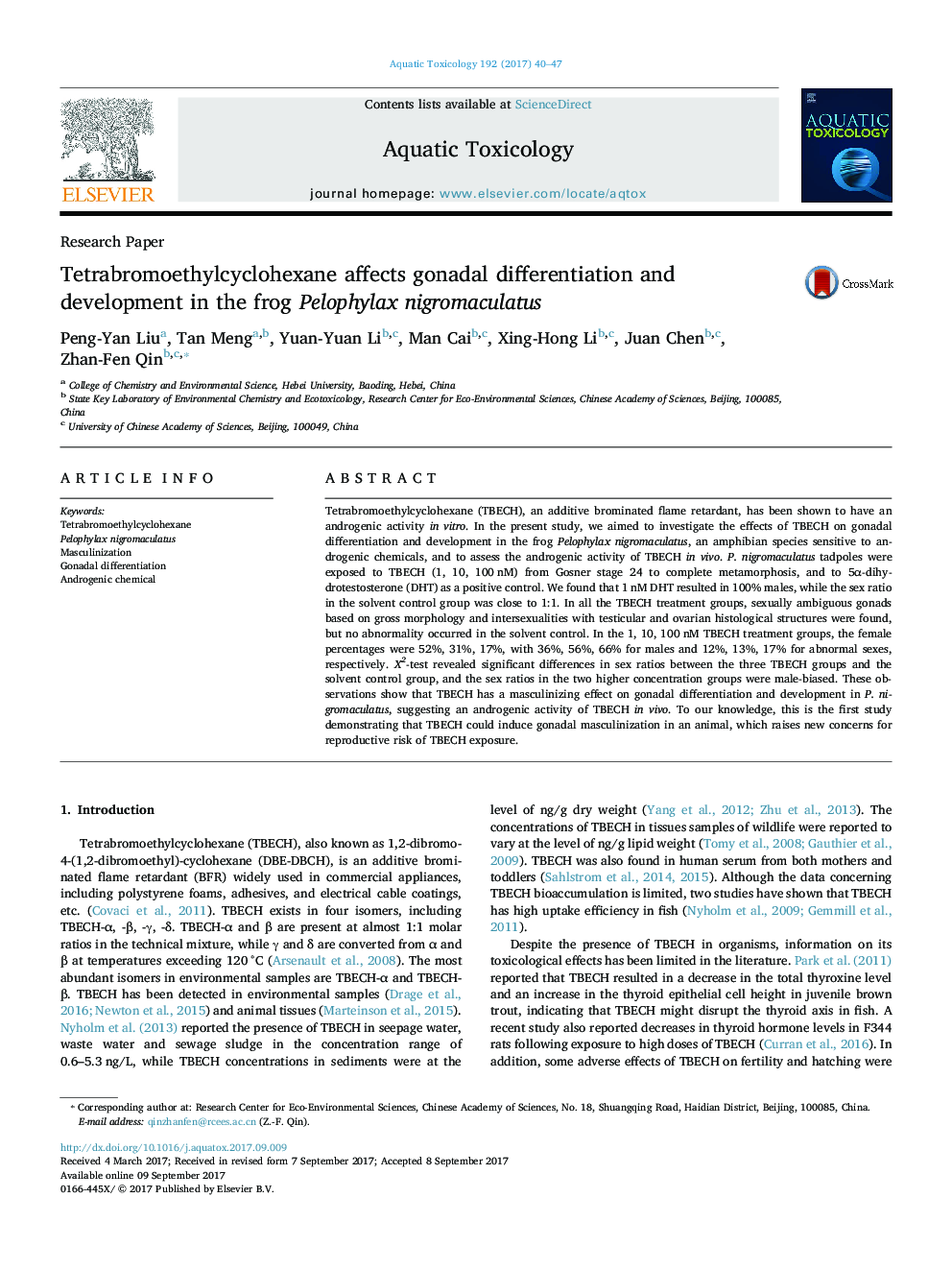 Tetrabromoethylcyclohexane affects gonadal differentiation and development in the frog Pelophylax nigromaculatus