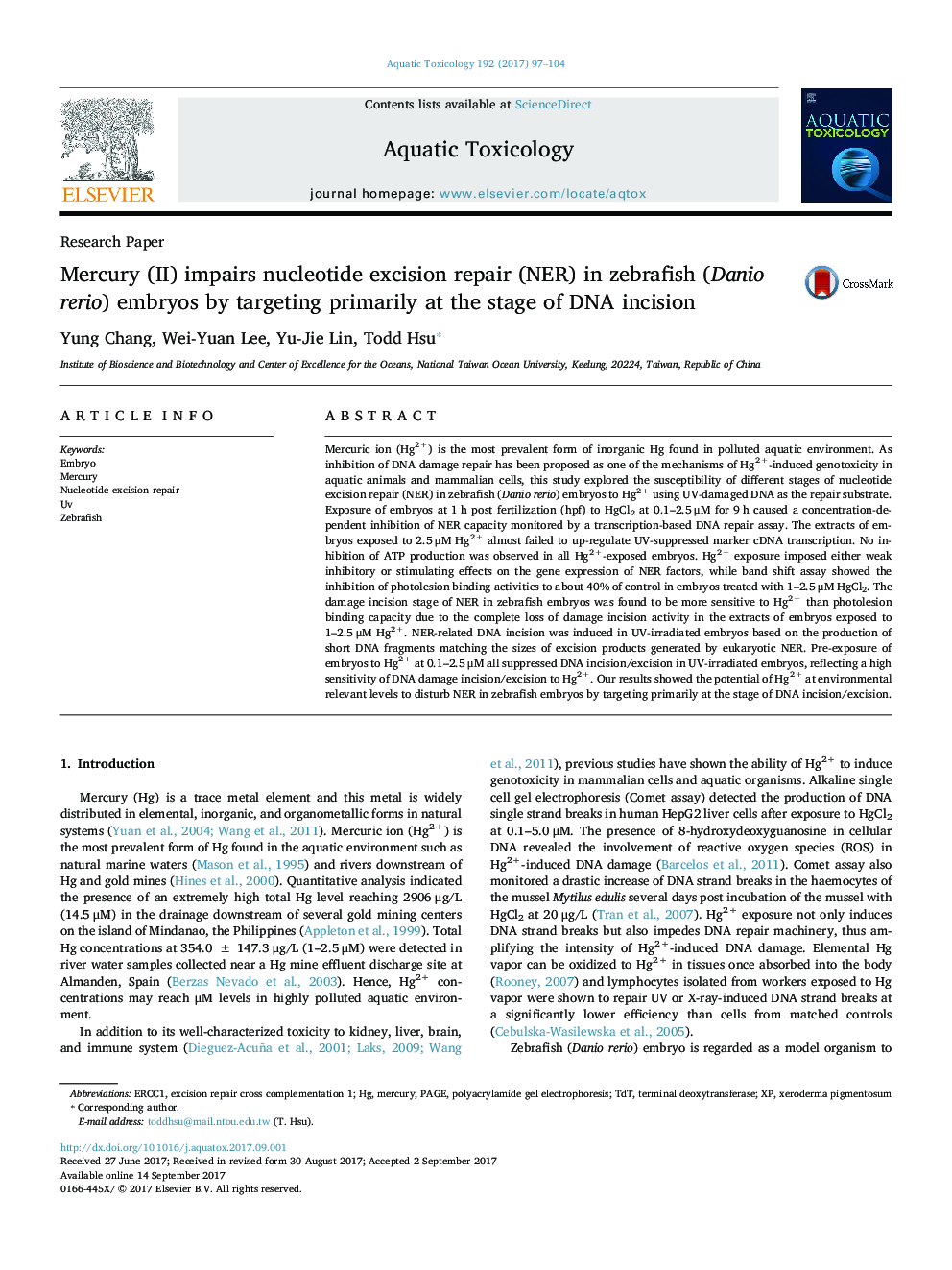 Mercury (II) impairs nucleotide excision repair (NER) in zebrafish (Danio rerio) embryos by targeting primarily at the stage of DNA incision