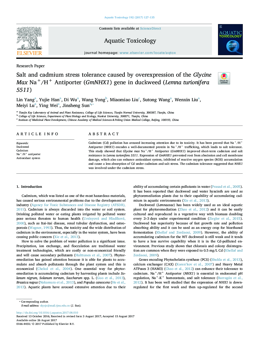 Salt and cadmium stress tolerance caused by overexpression of the Glycine Max Na+/H+ Antiporter (GmNHX1) gene in duckweed (Lemna turionifera 5511)