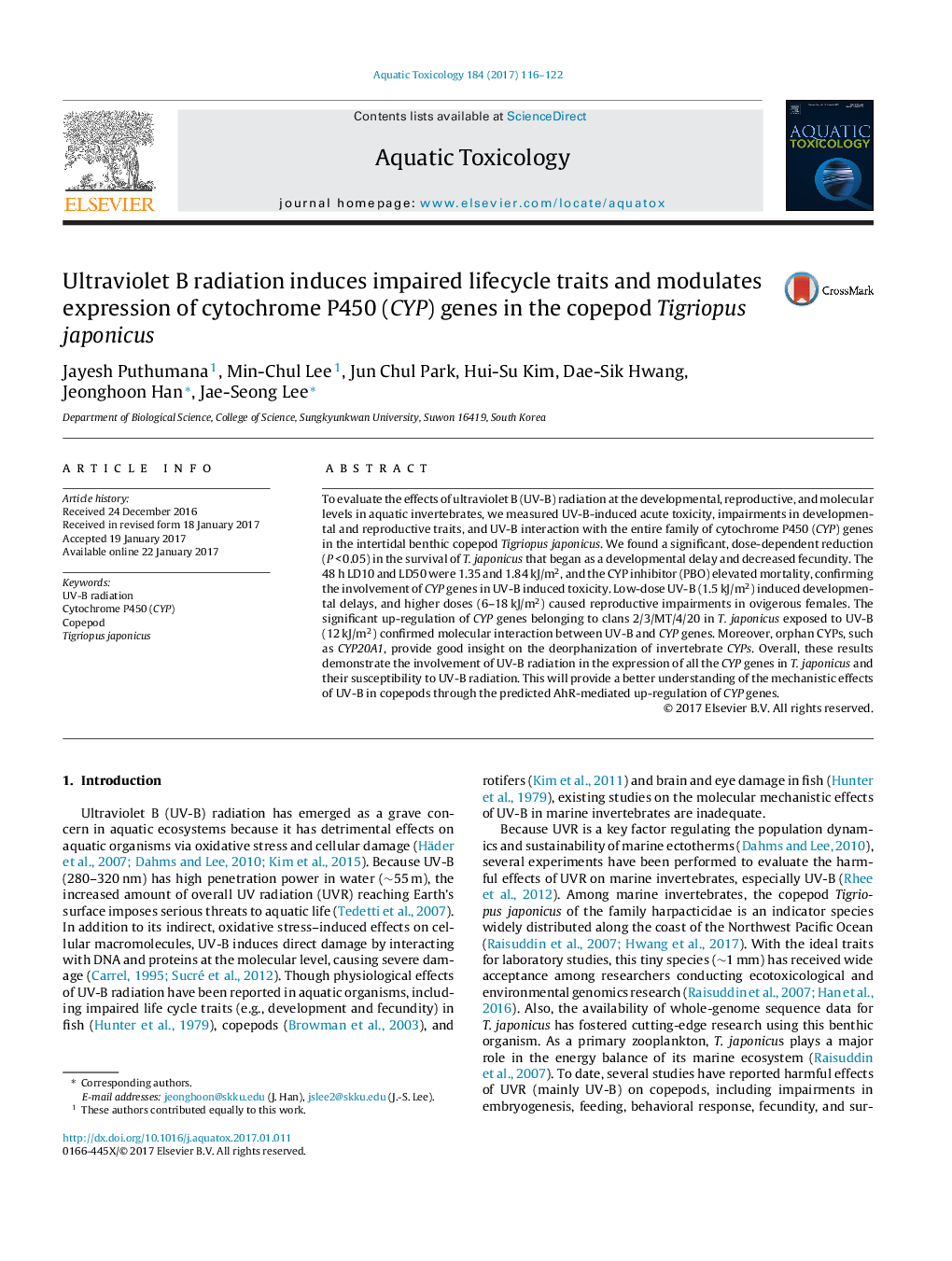 Ultraviolet B radiation induces impaired lifecycle traits and modulates expression of cytochrome P450 (CYP) genes in the copepod Tigriopus japonicus