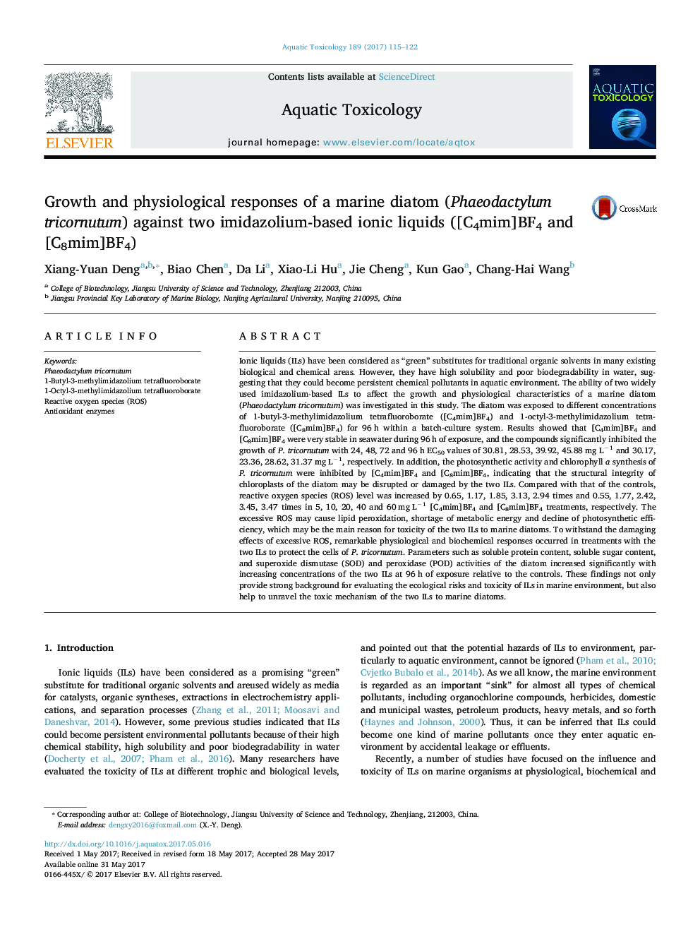 Growth and physiological responses of a marine diatom (Phaeodactylum tricornutum) against two imidazolium-based ionic liquids ([C4mim]BF4 and [C8mim]BF4)